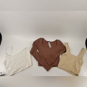 Lot Of 3 Crop Tops Zara Brown Long Sleeve White Beige Tank Top Size M - L